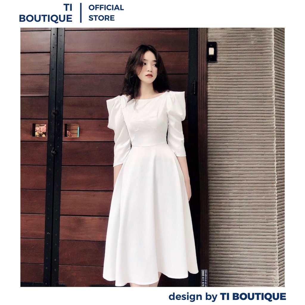 Đầm Xinh Dạ Hội Cổ Thuyền Tay Phồng Lửng Nhẹ Nhàng Tinh Khiết, Đầm Nữ Dáng Xòe Cổ Điển Màu Trắng Nhẹ Nhàng Trang Nhã
