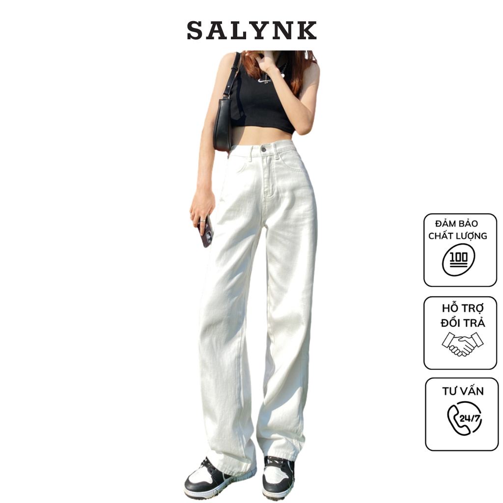 Quần Bò Ống Suông SALYNK Quần Bò Ống Rộng Nữ Màu Trắng Phong Cách Hàn Quốc