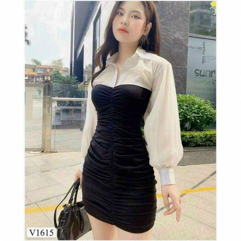 Đầm Ôm Tay Dài Phối Voan DB005. Đầm Đen Body Freesize 55kg SamStore