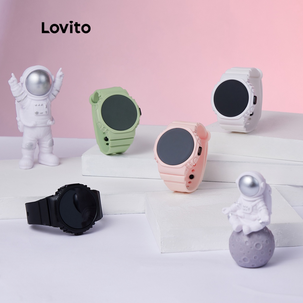 Lovito Đồng hồ điện tử hình tròn đơn giản ánh sáng LED phi hành gia Emoji đa chức năng LSP01010 (Hồng / Trắng / Đen / Xanh nhạt)