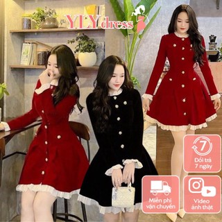 Váy đầm nhung dài tay, váy đầm nữ dài tay chất nhung viền bèo dáng A xòe ngắn freesize đi tiệc hàn quốc Ylydress C1170