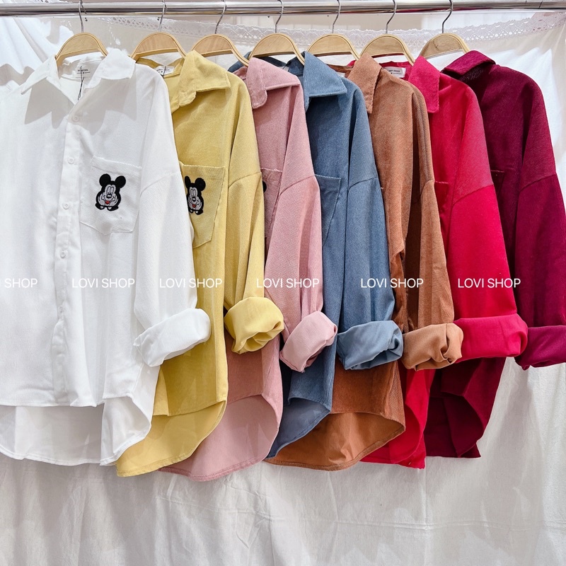 Áo sơ mi nhung tăm thêu Mickey nhiều màu Lovi