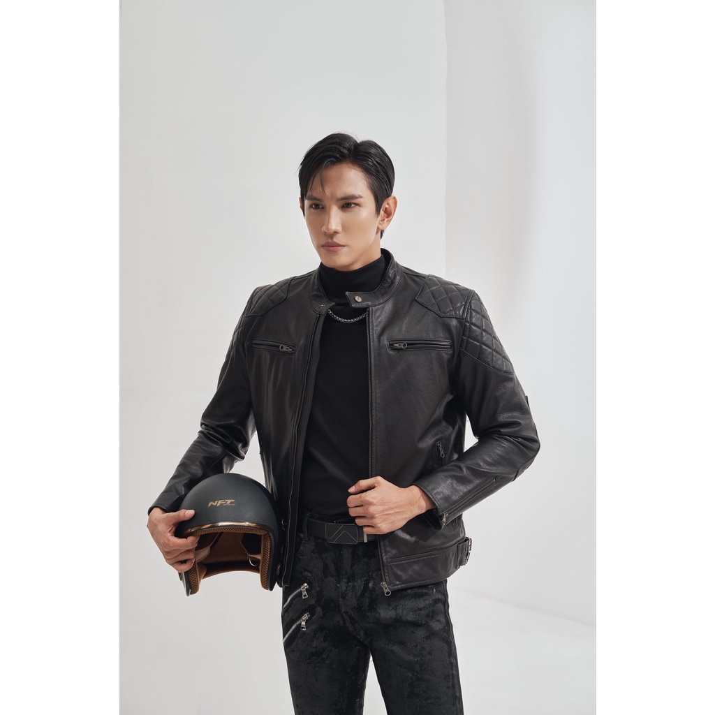 Áo khoác da nam FTT Leather Motor Jacket da dê hai khóa ngực trần trám vai 100% da thật