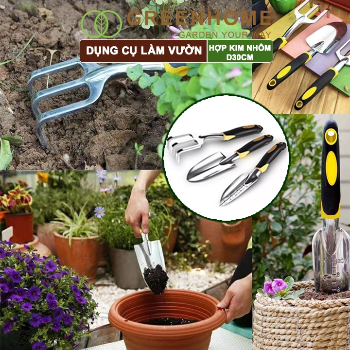 Bộ dụng cụ trồng cây Greenhome, D30cm, hợp kim nhôm, tay cầm cao su chống trượt, gồm xẻng, cào, xẻng chia vạch