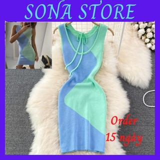 Váy body len dệt kim cổ v phối màu không tay đầm ôm nữ sexy gợi cảm sang chảnh tiểu thư bánh bèo hàng quảng châu cao cấp