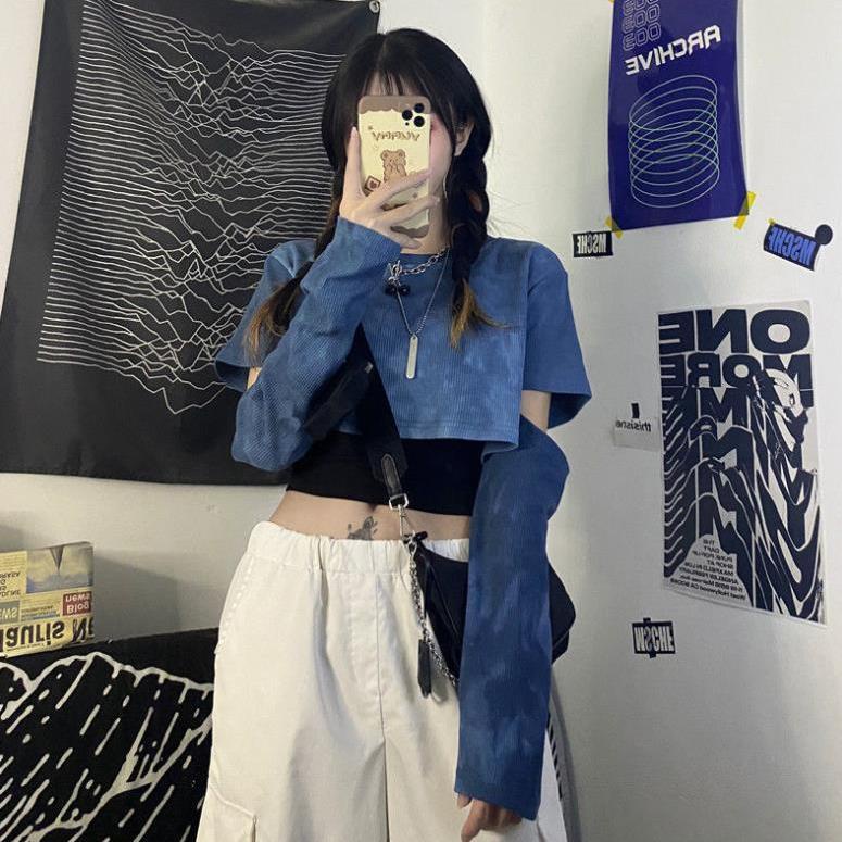 Set áo croptop giả hai lớp + áo thun tay dài thời trang nữ trẻ trung