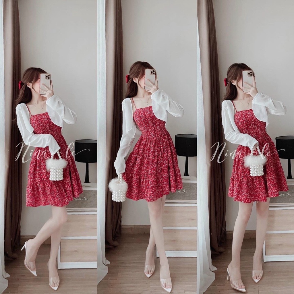 Đầm váy nữ hai dây có mút kèm khoác hoa nhí xinh