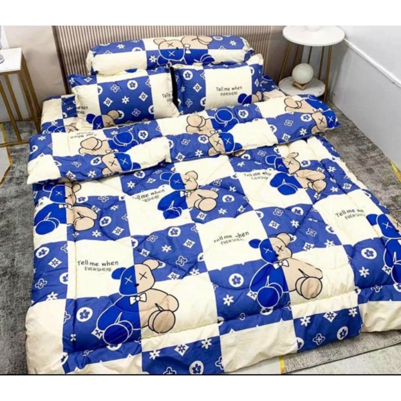 Set chăn phao 5 món gấu hoa xanh