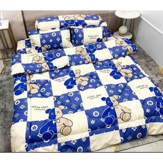 Set chăn phao 5 món gấu hoa xanh