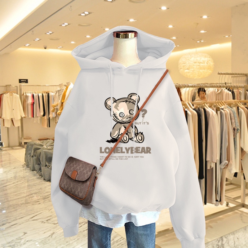 Áo Hoodie Nữ HappyFamily Xanh Rêu Thịnh Hành Năm Nay Lonely Bear Xinh Xắn Chất Nỉ Da Cá 100 Cao Cấp