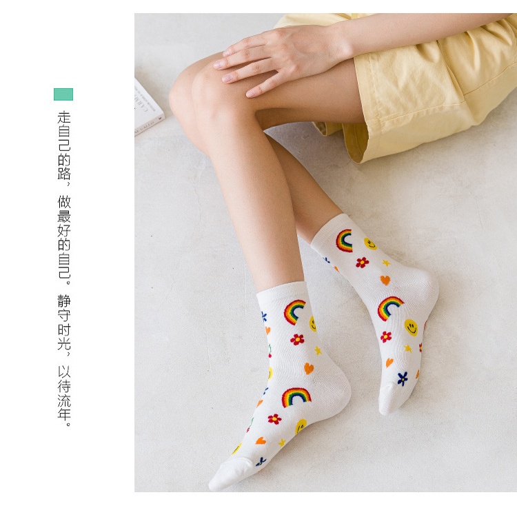 Đôi vớ WAFNHA D602 bằng cotton mềm mại cổ trung họa tiết hoạt hình dễ thương xinh xắn