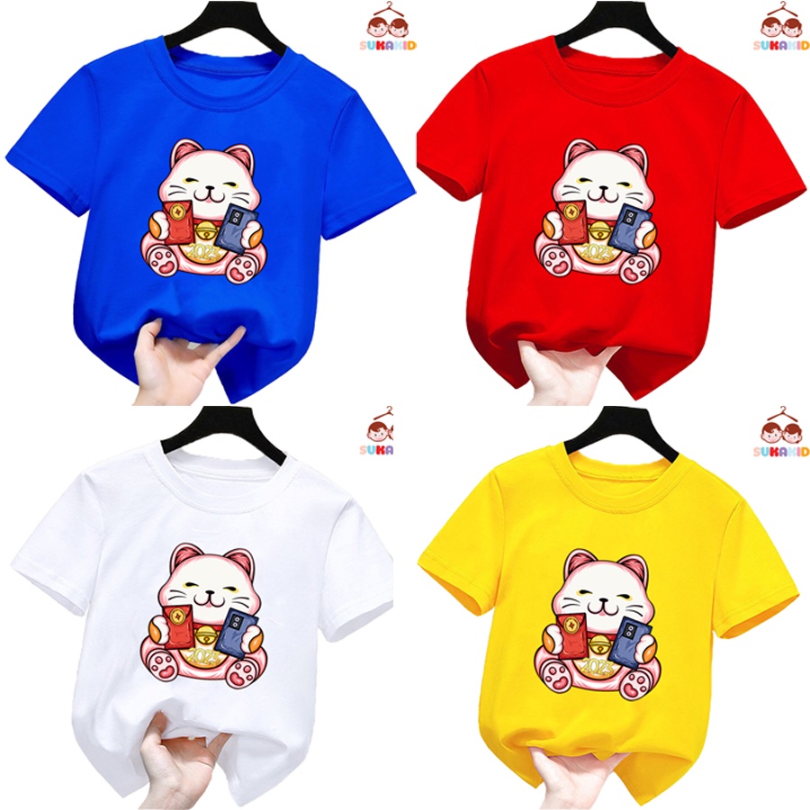 Combo 4 Áo thun tết hình con mèo cầm bao lì xì tết ,áo cho bé từ 6kg-30kg.AT06.