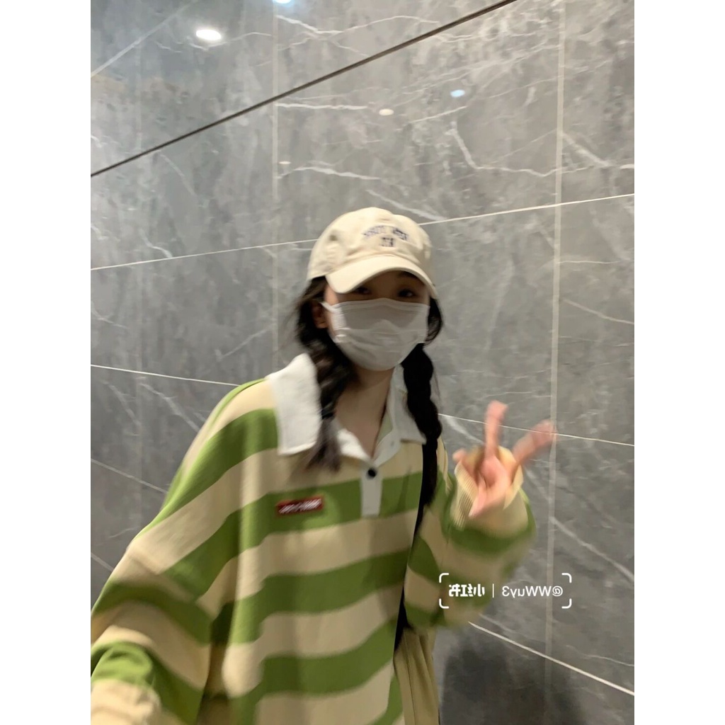 Áo Thun Sweater Tay Dài Kẻ Sọc Màu Xanh Lá Thời Trang Xuân Thu Cho Nữ