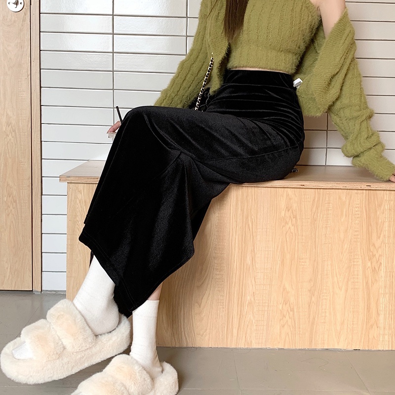 Chân váy SUXI dáng dài vải nhung lưng cao màu trơn phong cách vintage thời trang mùa thu dành cho nữ