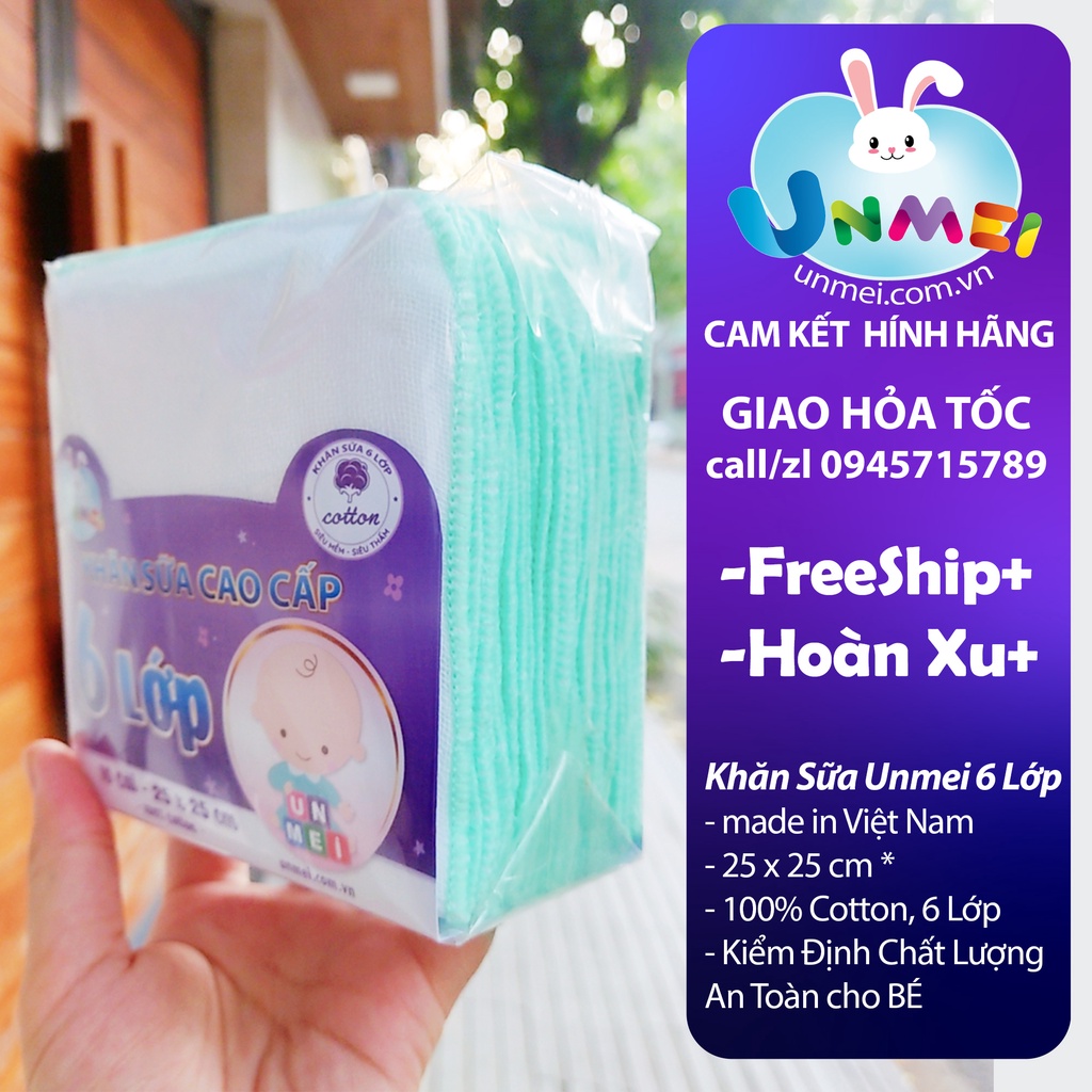 Khăn Sữa Xuất Nhật 6 Lớp, 25x25cm Khăn Sữa Cho Bé, 100% Cotton, Vải Mềm mịn, Thấm Hút Tốt-Thương Hiệu Unmei