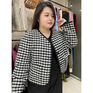 BIGSIZE Áo khoác dạ hai lớp kẻ caro đen trắng