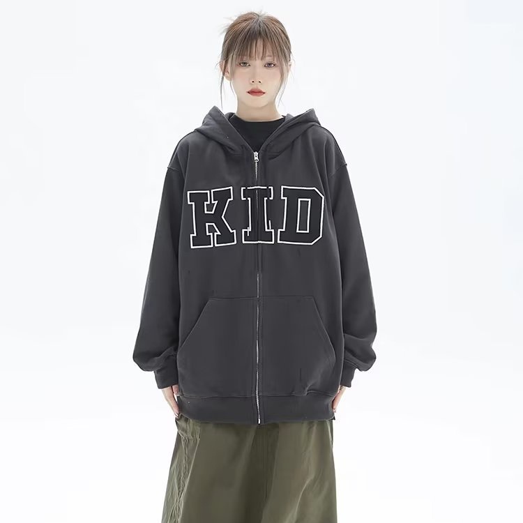 IELGY    Áo Khoác Hoodie Có Khóa Kéo Thêu Chữ Phong Cách Mỹ Cổ Điển Thời Trang Cho Nữ
