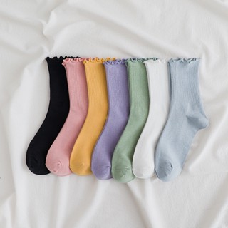 Tất cổ cao nữ bèo nhún, vớ bèo nhún nữ cổ cao màu trơn basic phong cách Lolita đáng yêu