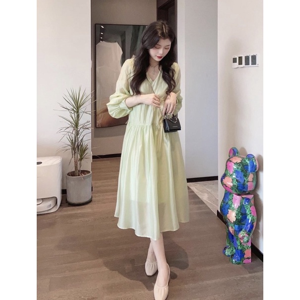 Váy babydoll dài tay form rộng 2 lớp cổ V, đầm nữ kiểu babydoll bầu bí bon chen thoải mái