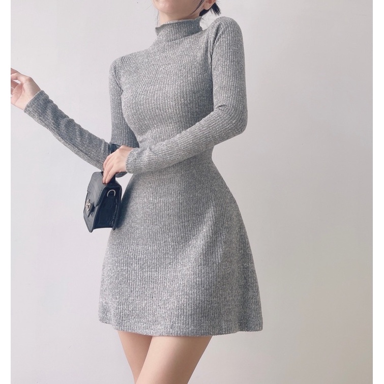 [HÀNG SẴN] Đầm len thun cổ lọ