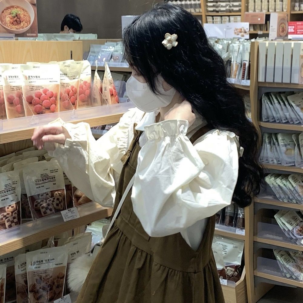 Set Áo Sơ Mi Tay Dài Cổ Búp Bê Phối Bèo + Váy Yếm Dáng Rộng Thời Trang Thu Đông Mới Cho Nữ