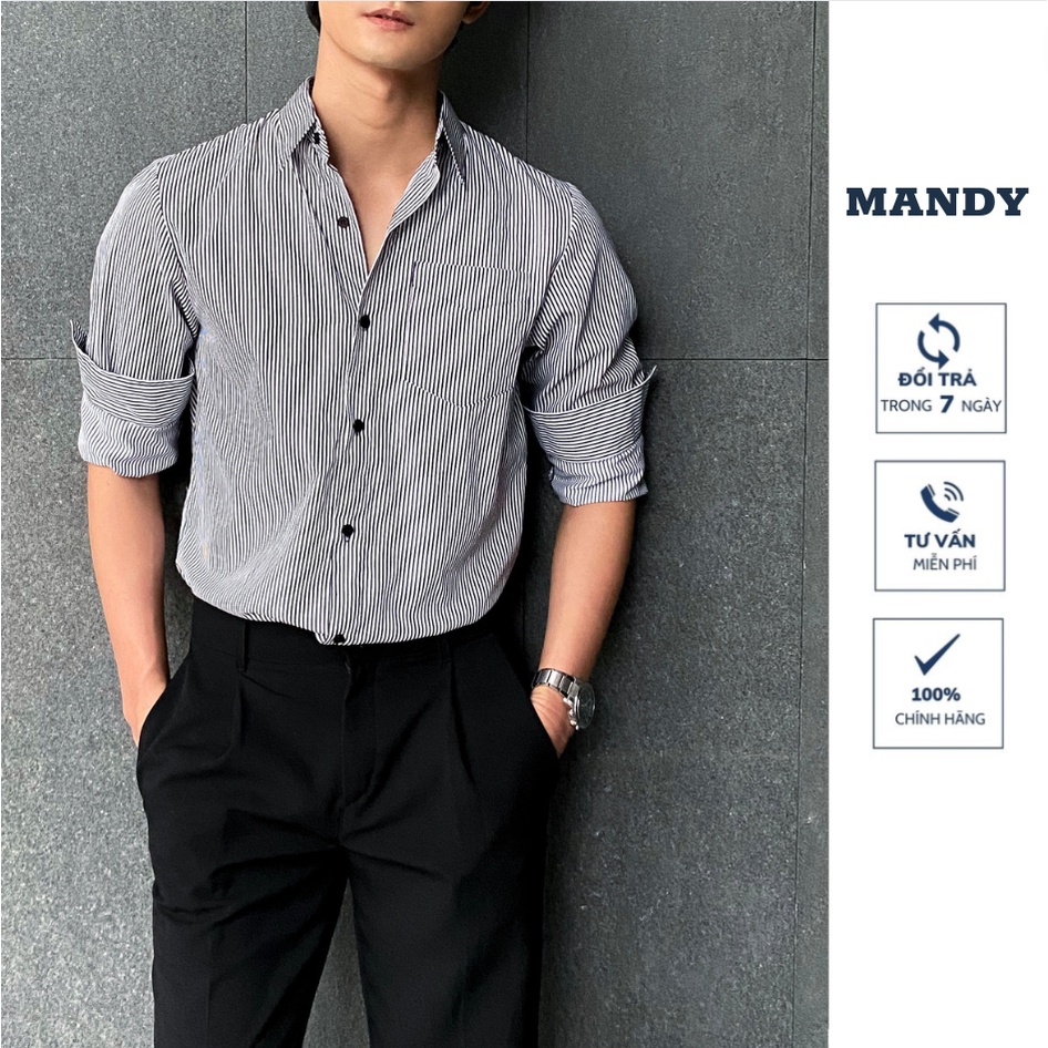 Áo sơ mi nam MANDY Fullbox dài tay kẻ sọc đen trắng chuẩn form - vải co giãn nhẹ không nhăn