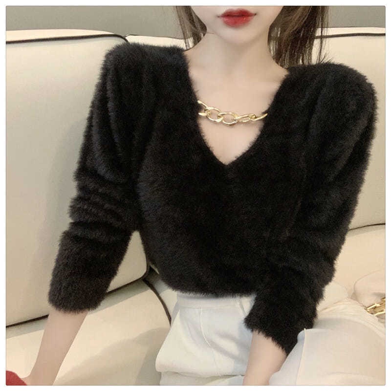Jiashuchengv Áo Thun Dệt Kim Tay Dài Phối Dây Xích Phong Cách Hàn Quốc Thời Trang Cho Nữ