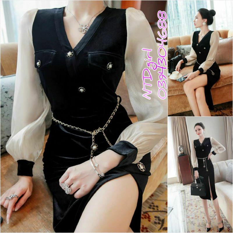 Hàng nhập - Đầm dáng ôm nhung phối màu trắng đen, váy body tay dài dự tiệc hay công sở đều đẹp