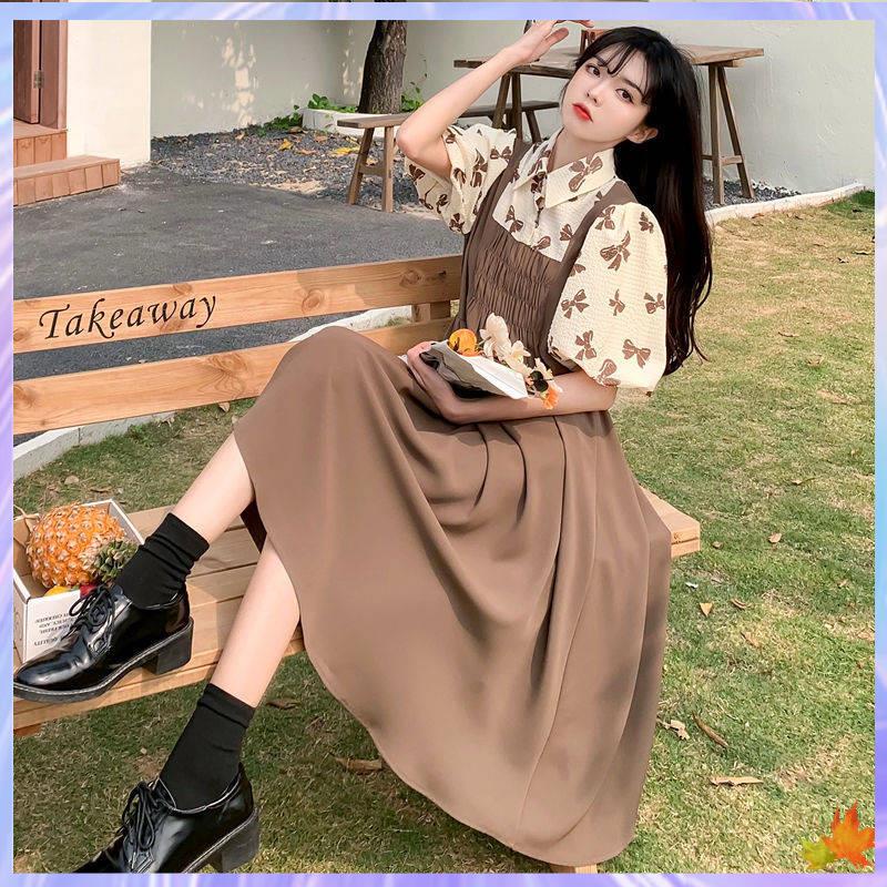 Váy babydoll Giả Hai Mảnh Tay Phồng Che Bụng Phong Cách Preppy Pháp Thiết Kế Chống Tuổi Teen