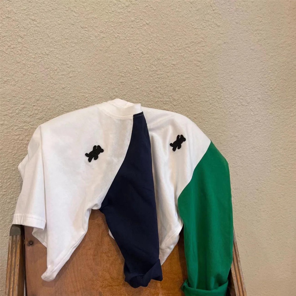 Áo Thun Tay Dài Dáng Rộng In Hình Gấu Màu Sắc Tương Phản Thời Trang Xinh Xắn Cho Bé