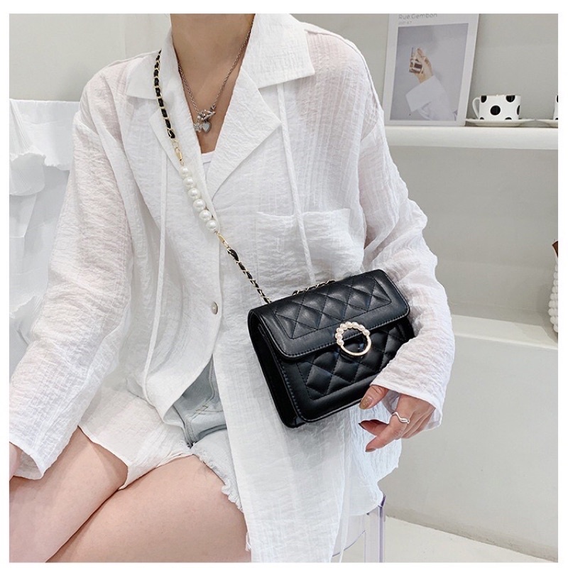 Túi đeo chéo nữ, đeo vai đẹp đi chơi thêu chỉ ô trám dây xích phối da