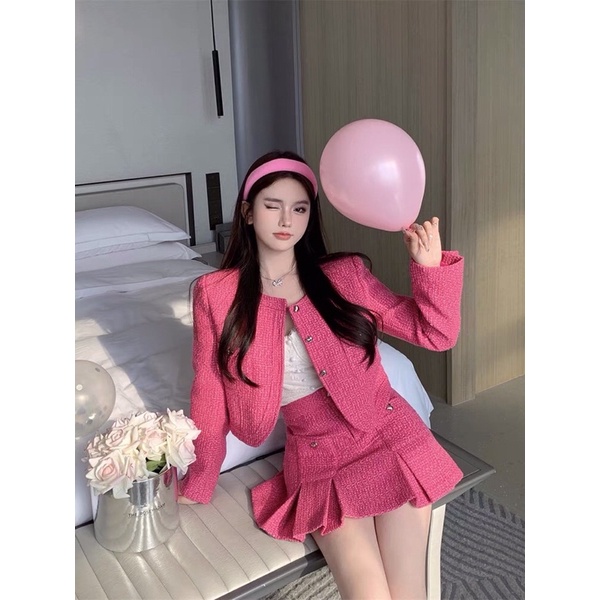 Set áo khoác dạ tweed dáng ngắn cúc tim và chân váy dạ tweed xếp ly tiểu thư