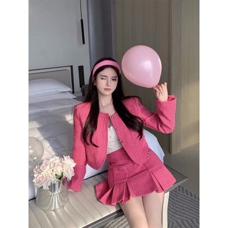 Set áo khoác dạ tweed dáng ngắn cúc tim và chân váy dạ tweed xếp ly tiểu thư