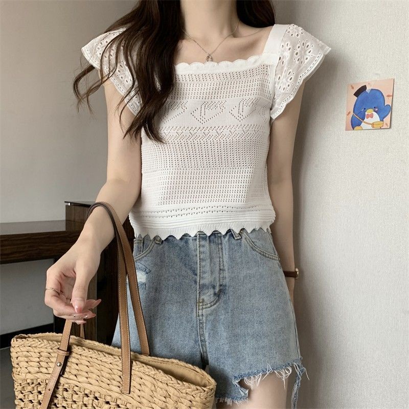 Áo sơ mi đan ngắn tay áo ngắn mùa hè năm cổ áo sơ mi kiểu pháp