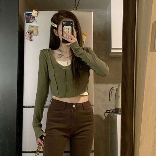 Áo Croptop Tay Dài Cổ Tròn+ Áo ba lỗ hai dây Hở Vai Thời Trang Dành Cho Nữ Phong Cách Hàn Quốc