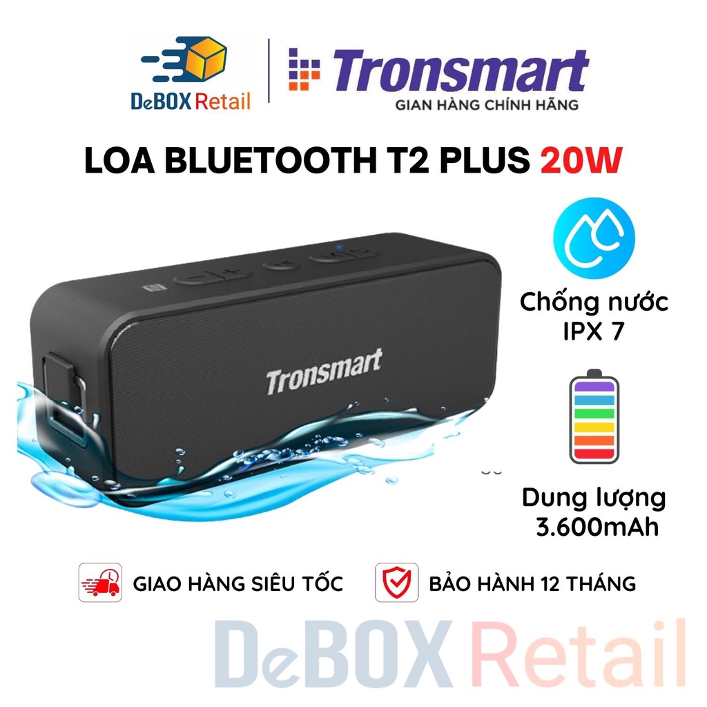 Loa Bluetooth Tronsmart Element T2 Plus 20W, BT 5.0 Chống nước IPX7, Âm thanh vòm 360 - Phân Phối Chính Hãng BH 12 Tháng