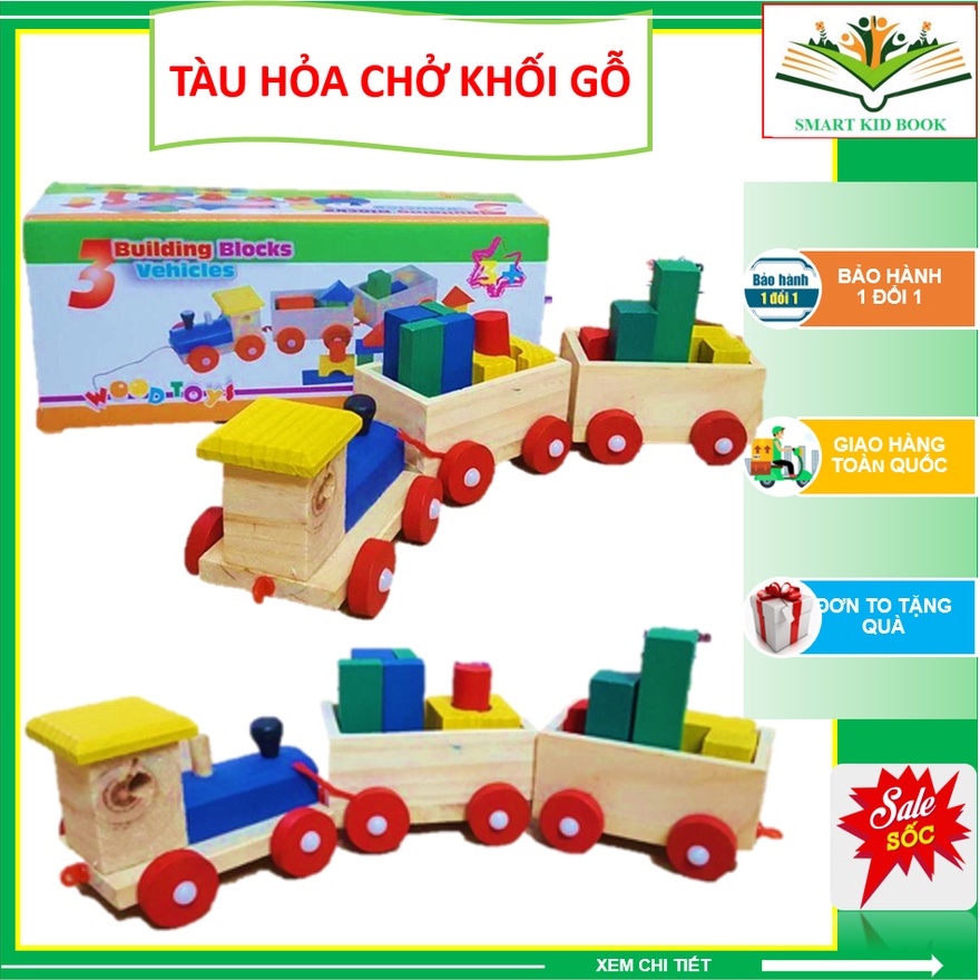 Đồ chơi Tàu chở khối 3 toa bằng gỗ thông tự nhiên
