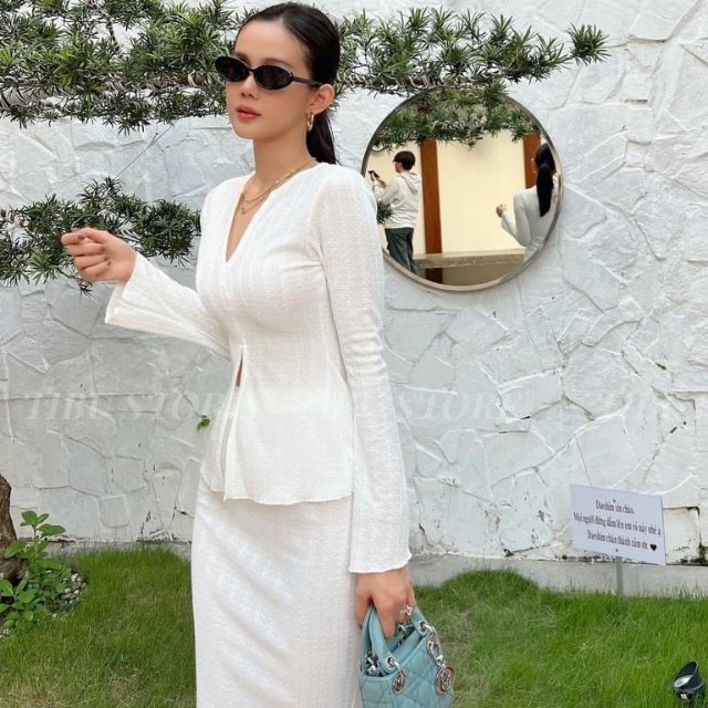 Set bộ nữ áo dài tay thun gân cổ chữ V TIBU Đầm body dáng ôm kèm áo siêu xinh sexy dành cho các nàng đi chơi, dạo phố