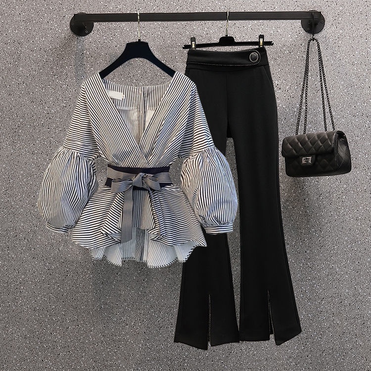 Áo Sơ Mi Đen Cổ V Kèm Quần Dài Ôm Dáng Phong Cách Retro Thời Trang Mùa Thu Cho Nữ