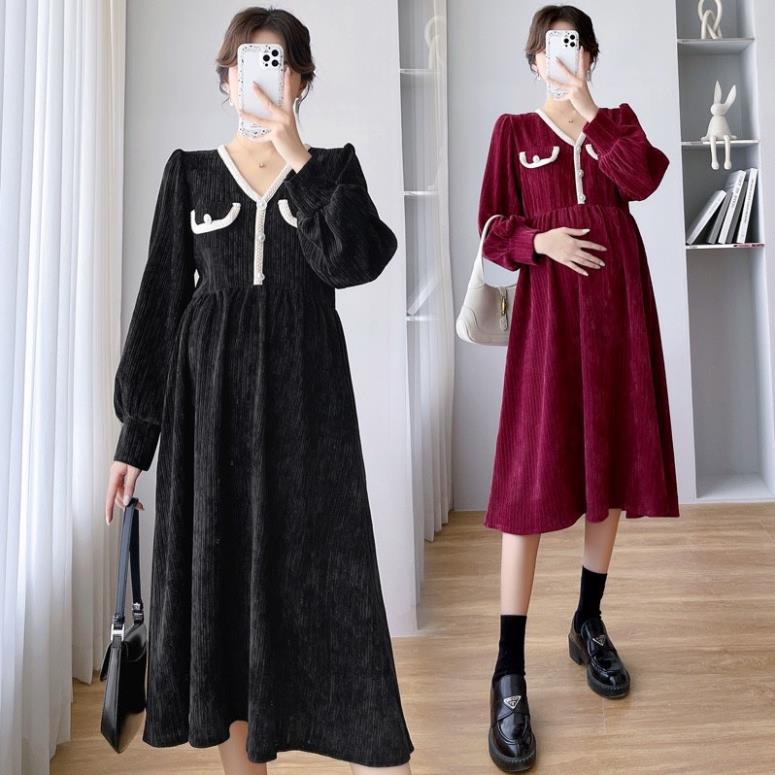 Váy Bầu Chất Nhung Tăm-cổ v,dáng tiểu thư -phong cách Hàn Quốc siêu xinh-phù hợp mặc thu đông -freesize 43-68kg