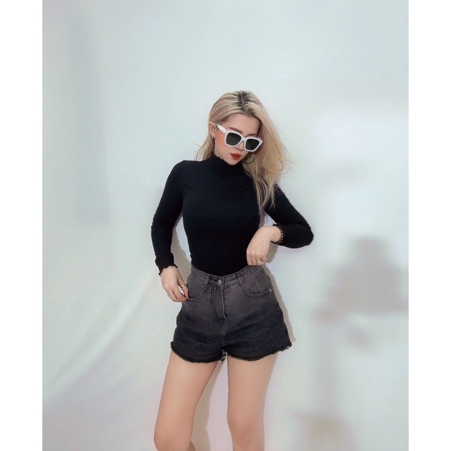 Áo cổ lọ tay dài xoăn lai thun bo gân, 2 màu