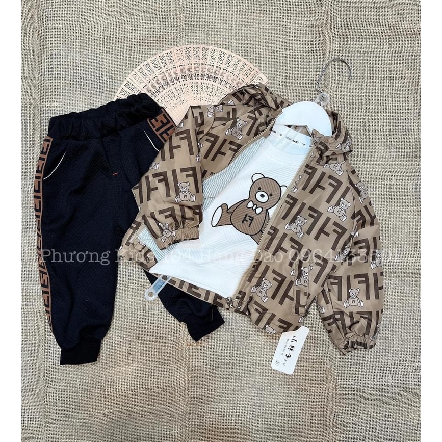 Quần áo thu đông bé trai, Sét 3 chi tiết họa tiết gấu F.F in tràn cho bé