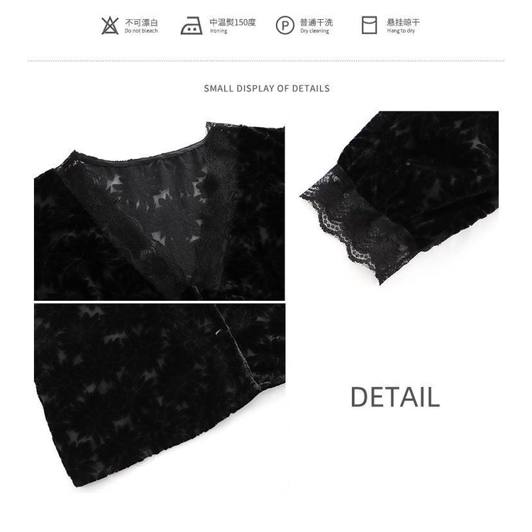 Áo Nhung Tay Dài Cổ Chữ v Phối Ren Màu Đen Phong Cách Retro Thời Trang Cho Nữ