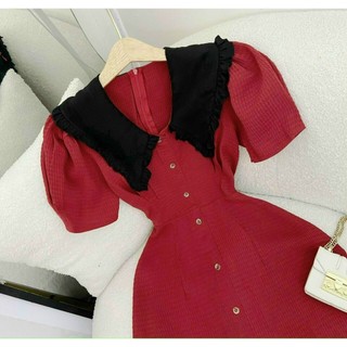 ĐẦM PHỐI CỔ BÈO CỘT NƠ EO CÀI NÚT THẬT SIÊU HẤP DẪN