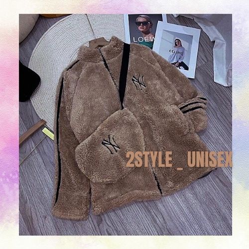 Áo khoác lông phối họa tiết NY kèm túi đeo chéo / Áo khoác ngoài nam nữ khóa kéo form rộng phong cách 2style-unisex