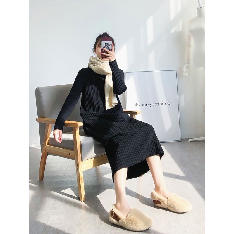 Áo Sweater Dệt Kim Cổ Cao Dáng Rộng Màu Đen Thời Trang Thu Đông Cho Nữ