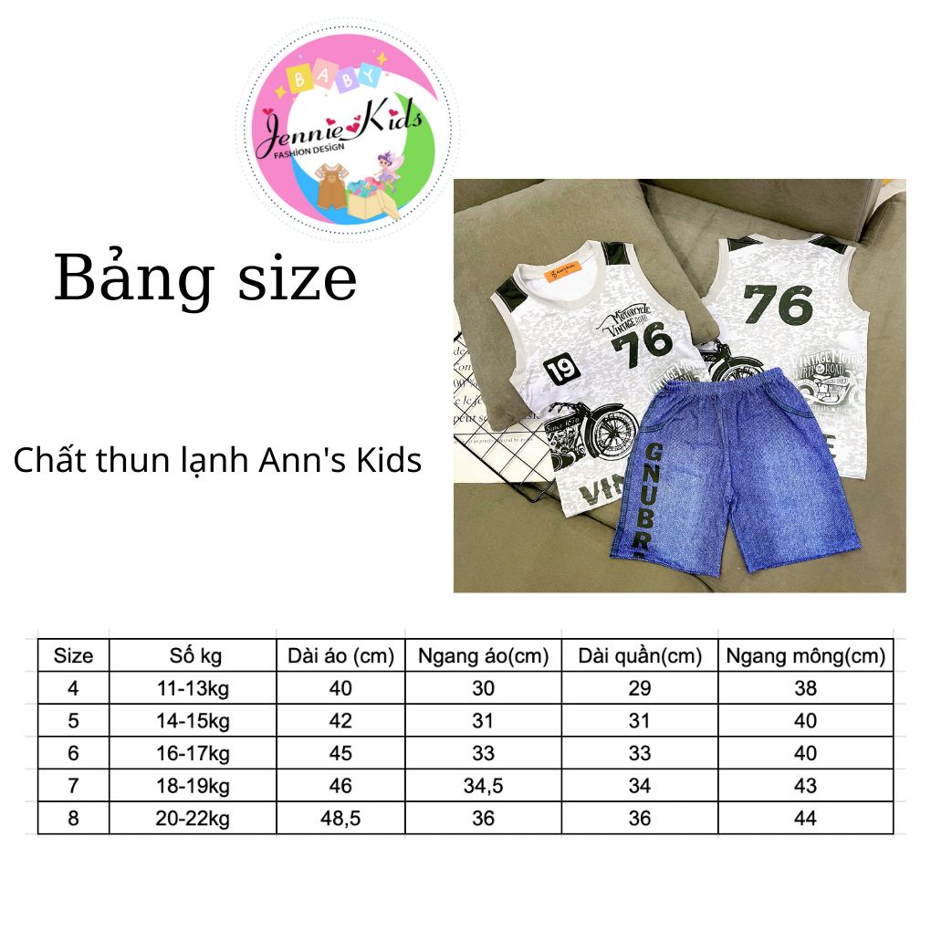 Bộ bé trai size nhí 12-22kg sát nách vải 3D thun lạnh Jennie kids J482