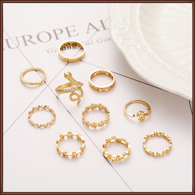 Set 10 Nhẫn Đeo Khớp Ngón Tay Họa Tiết Hình Học / Hình Rắn / Hoa Phong Cách Retro Cho Nam Và Nữ