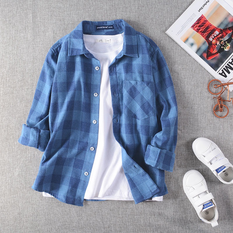 Áo Sơ Mi Cotton Tay Dài Họa Tiết Caro Thời Trang Xuân Thu Cho Bé Trai