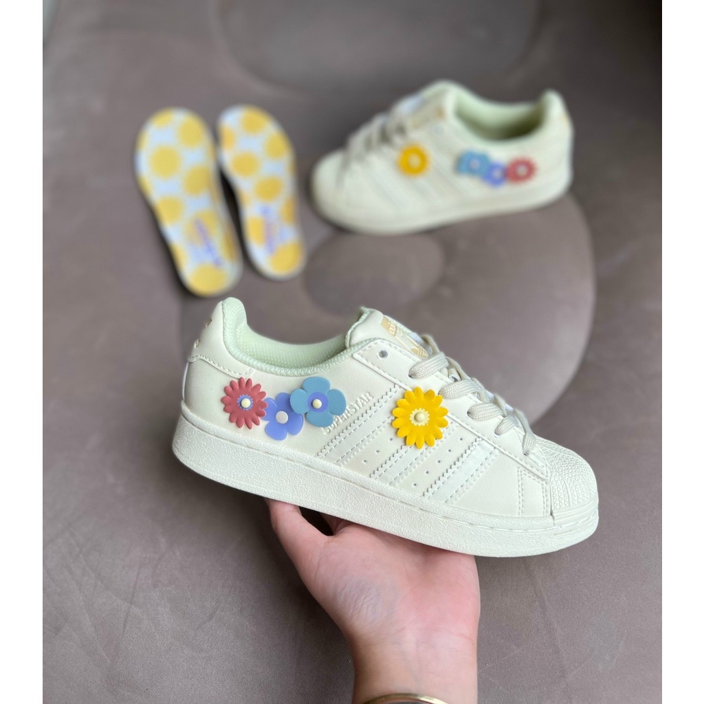 Giày Adidas Superstar Das Sò 3 Màu Kem, Hồng, Xanh, Giày thể thao Adidas Sò hoa Trắng bản đặc biệt {tặng box bảo vệ}